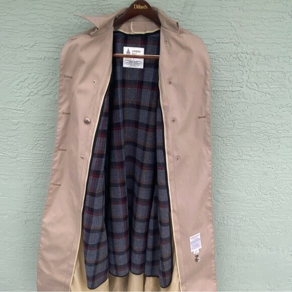 London Fog Trench Coat Size 10 Beige Plaid Double-Breasted - Picture 3 of 12
